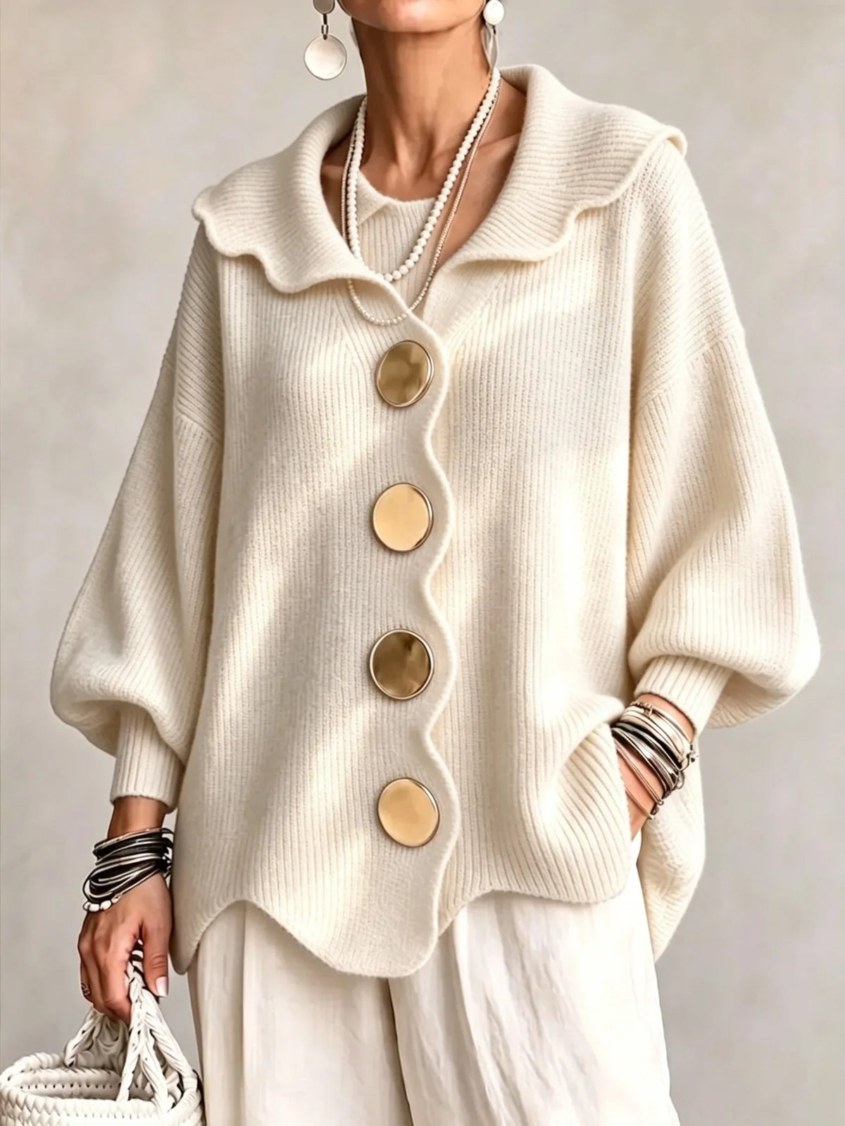 Amaria | Scalloped Open-Front Cardigan With Statement Buttons