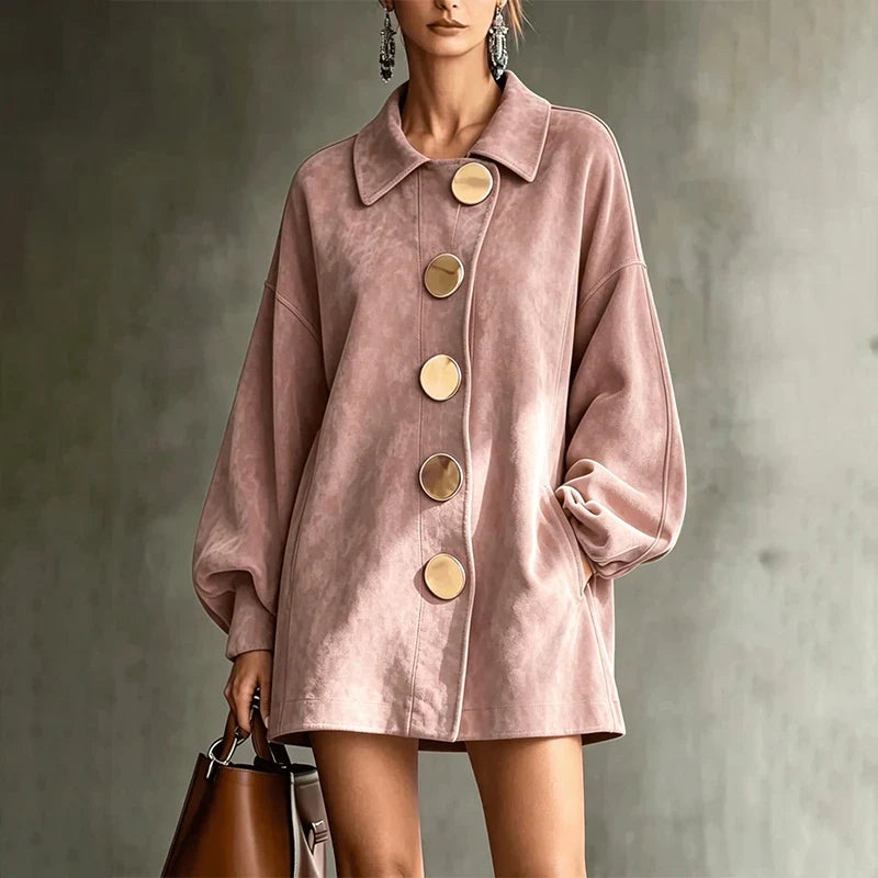 Shannon | Faux Suede Lapel Coat With Oversized Gold Buttons
