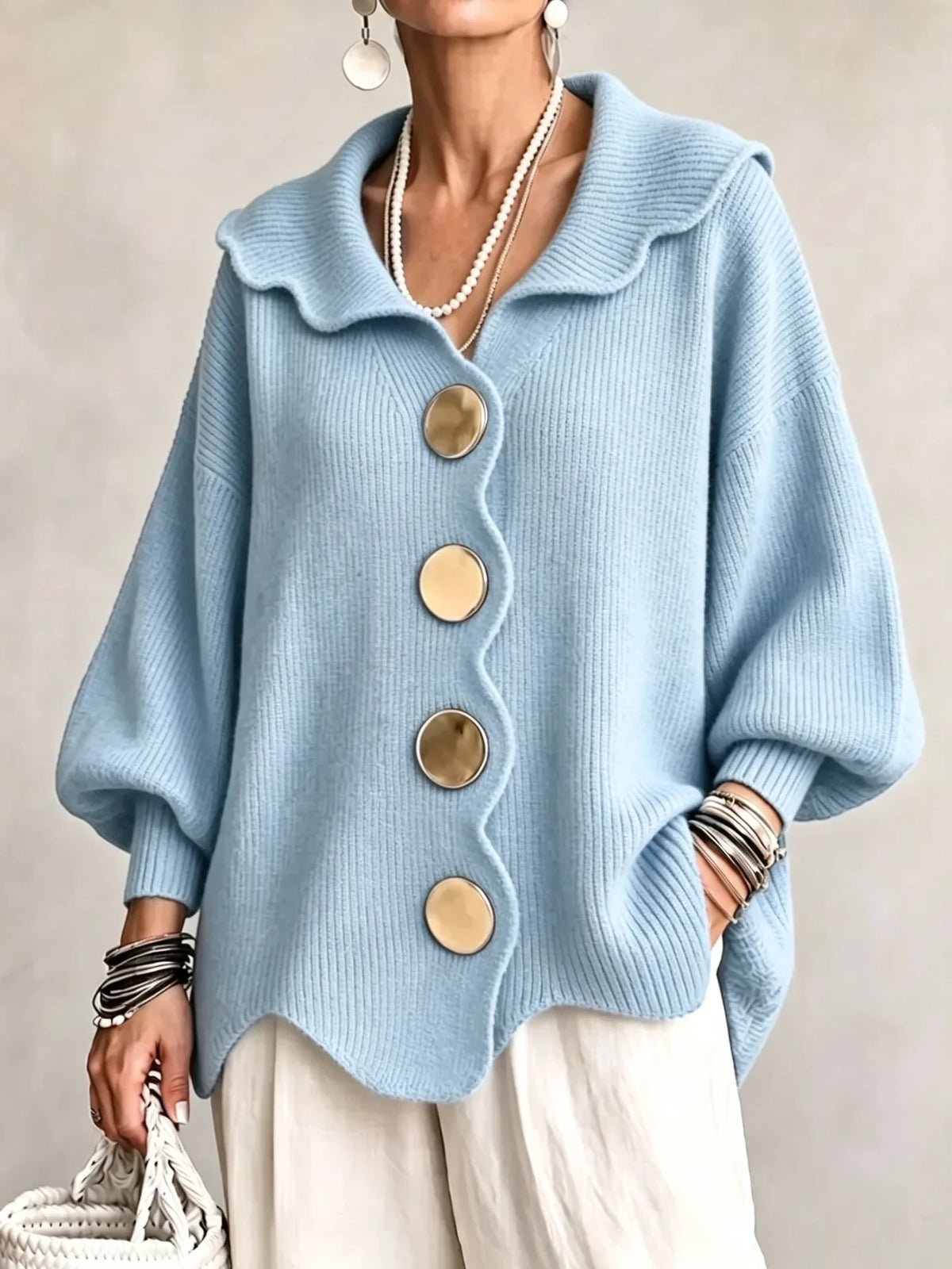 Amaria | Scalloped Open-Front Cardigan With Statement Buttons