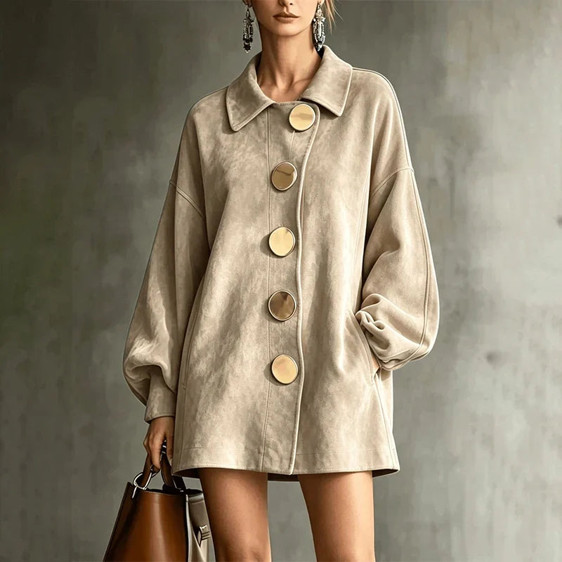 Shannon | Faux Suede Lapel Coat With Oversized Gold Buttons