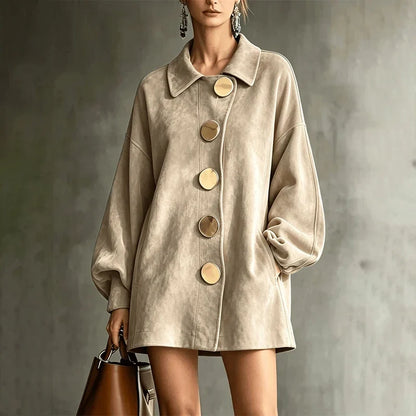 Shannon | Faux Suede Lapel Coat With Oversized Gold Buttons