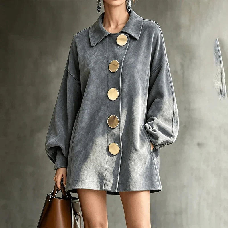 Shannon | Faux Suede Lapel Coat With Oversized Gold Buttons