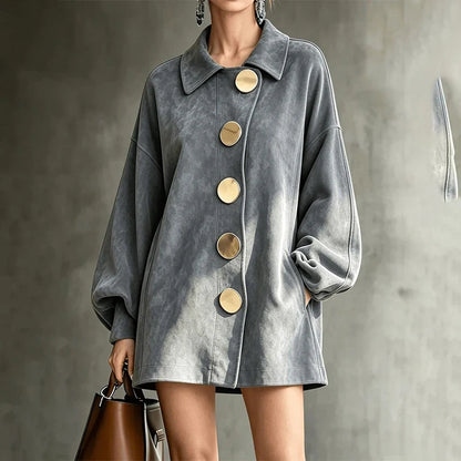 Shannon | Faux Suede Lapel Coat With Oversized Gold Buttons
