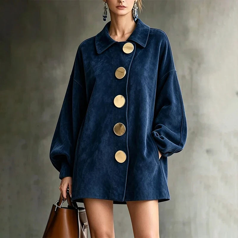 Shannon | Faux Suede Lapel Coat With Oversized Gold Buttons