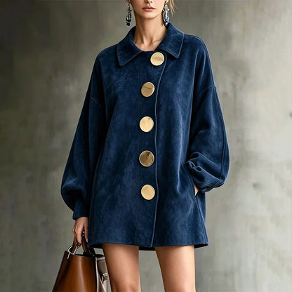 Shannon | Faux Suede Lapel Coat With Oversized Gold Buttons
