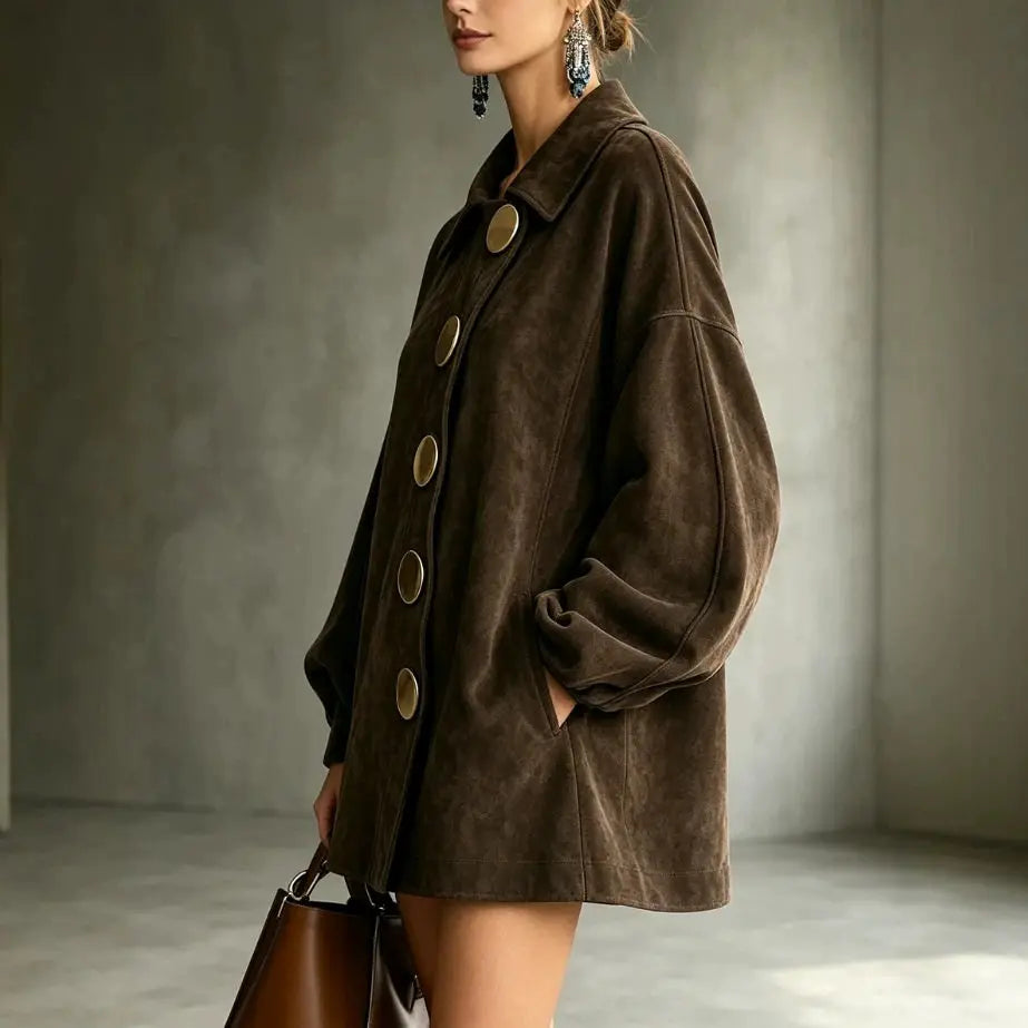 Shannon | Faux Suede Lapel Coat With Oversized Gold Buttons