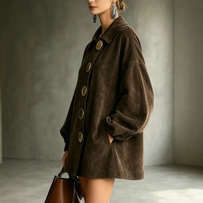 Shannon | Faux Suede Lapel Coat With Oversized Gold Buttons