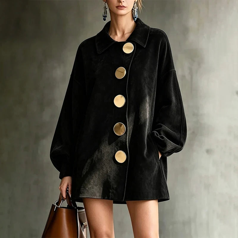 Shannon | Faux Suede Lapel Coat With Oversized Gold Buttons