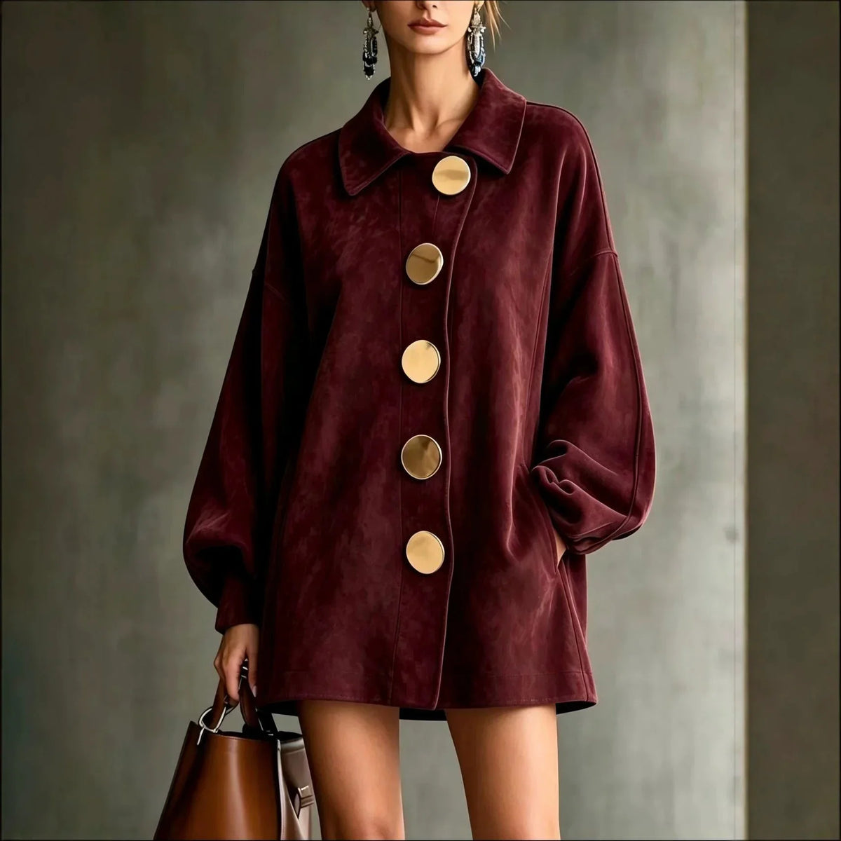 Shannon | Faux Suede Lapel Coat With Oversized Gold Buttons
