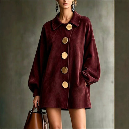 Shannon | Faux Suede Lapel Coat With Oversized Gold Buttons