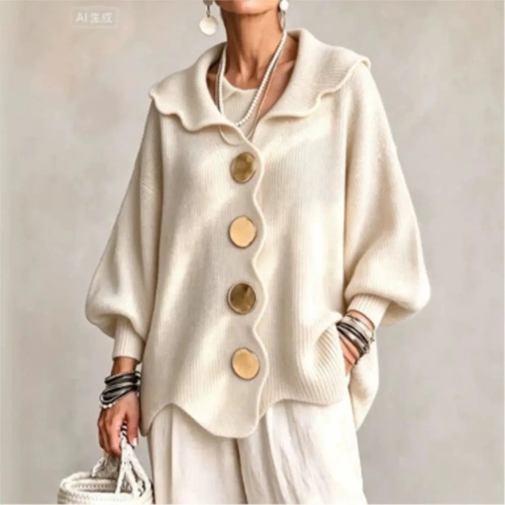 Amaria | Scalloped Open-Front Cardigan With Statement Buttons