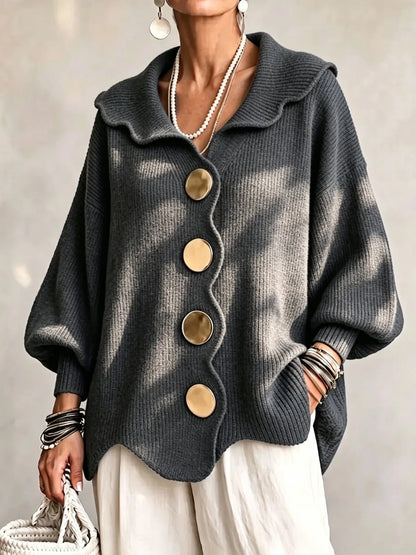 Amaria | Scalloped Open-Front Cardigan With Statement Buttons