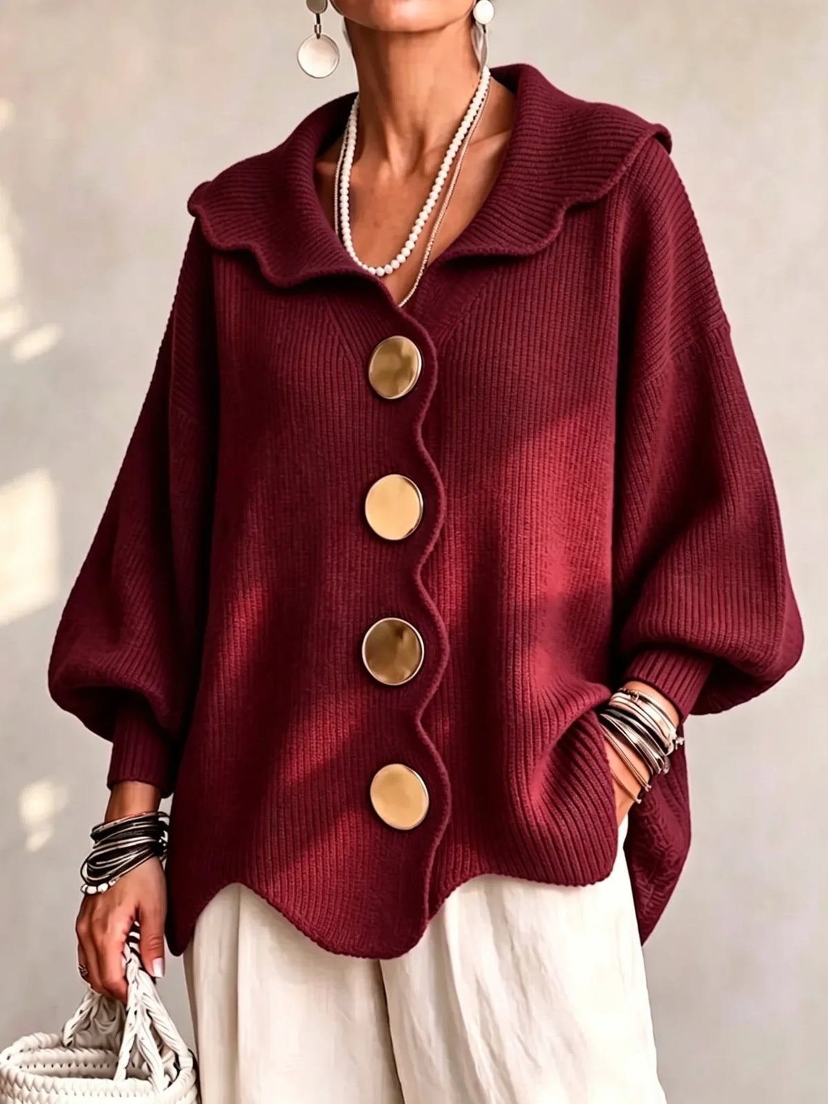 Amaria | Scalloped Open-Front Cardigan With Statement Buttons