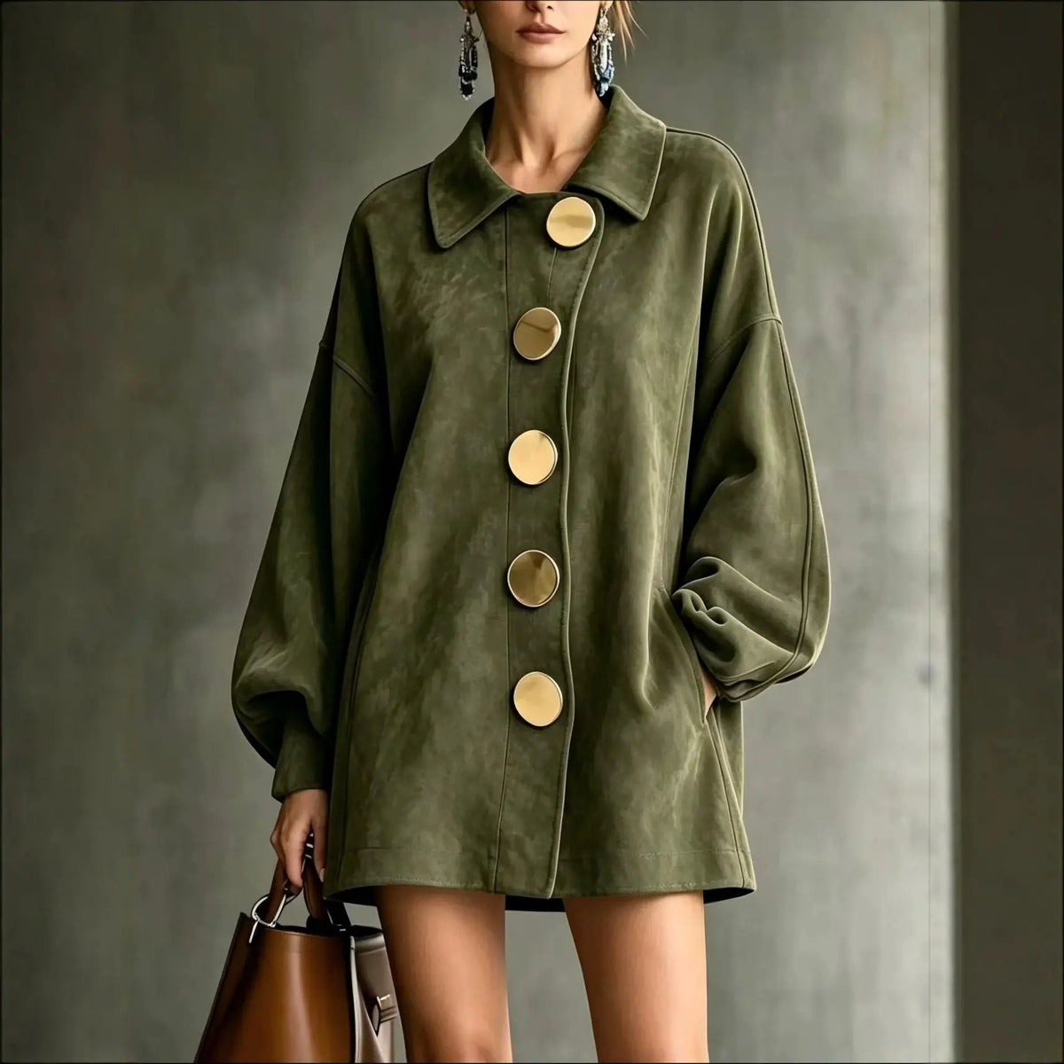 Shannon | Faux Suede Lapel Coat With Oversized Gold Buttons