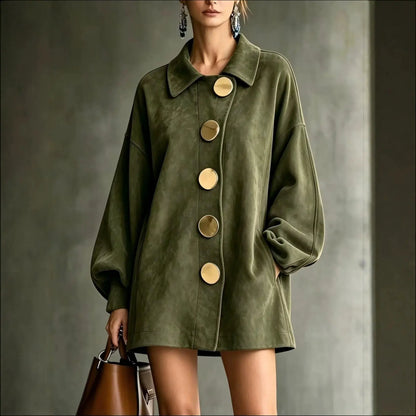 Shannon | Faux Suede Lapel Coat With Oversized Gold Buttons