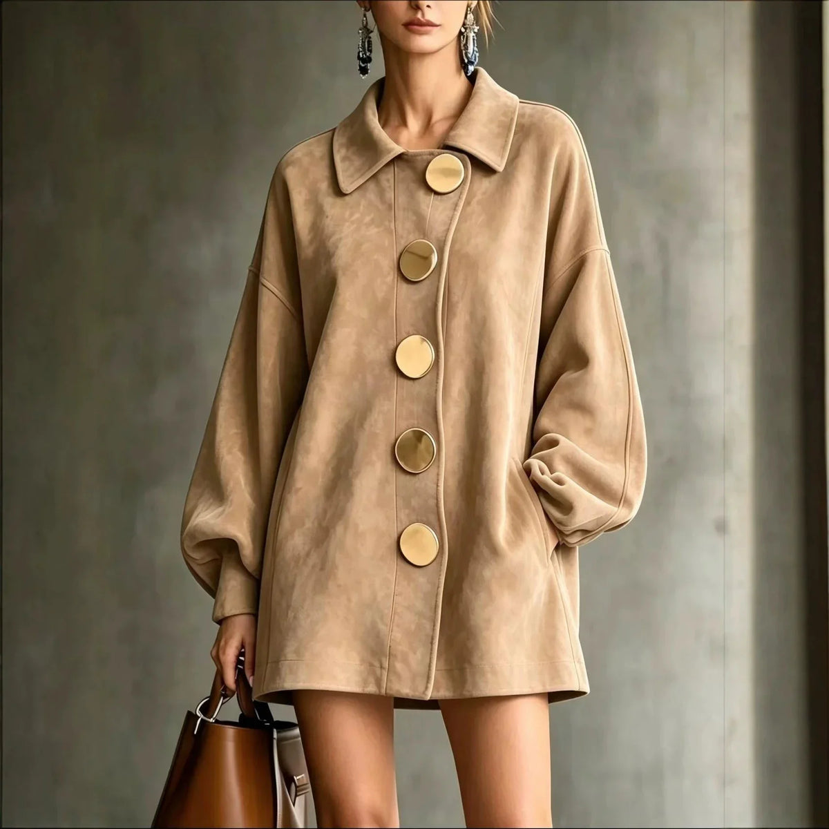 Shannon | Faux Suede Lapel Coat With Oversized Gold Buttons