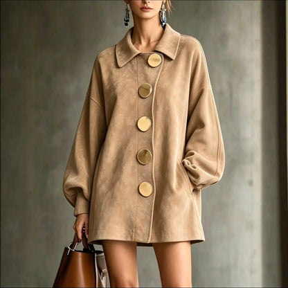 Shannon | Faux Suede Lapel Coat With Oversized Gold Buttons