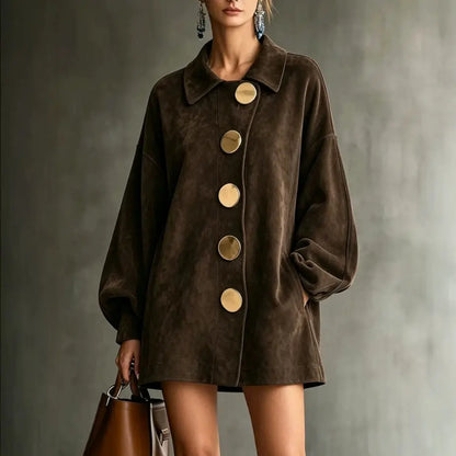 Shannon | Faux Suede Lapel Coat With Oversized Gold Buttons