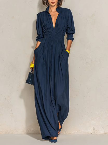 Navy Blue Pleated V-neck Long Dress
