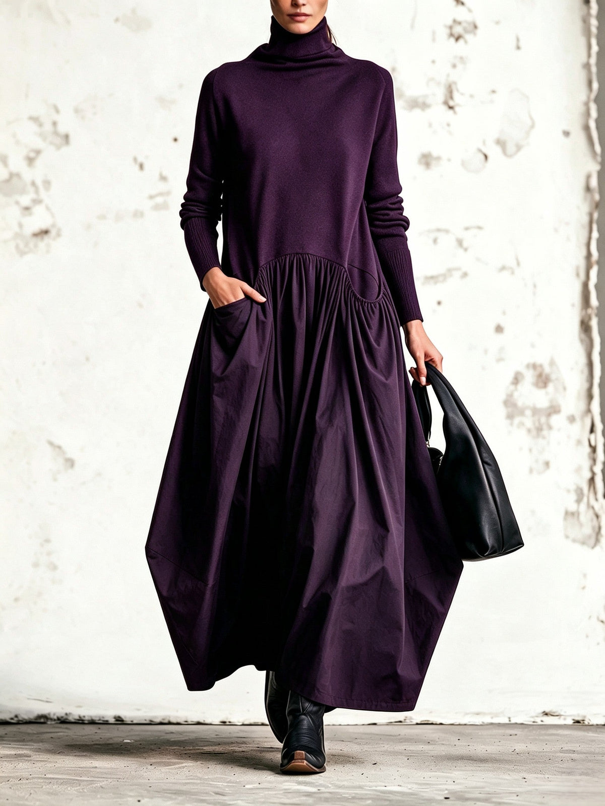 Vestido maxi oversize con cuello alto y detalle de bolsillo