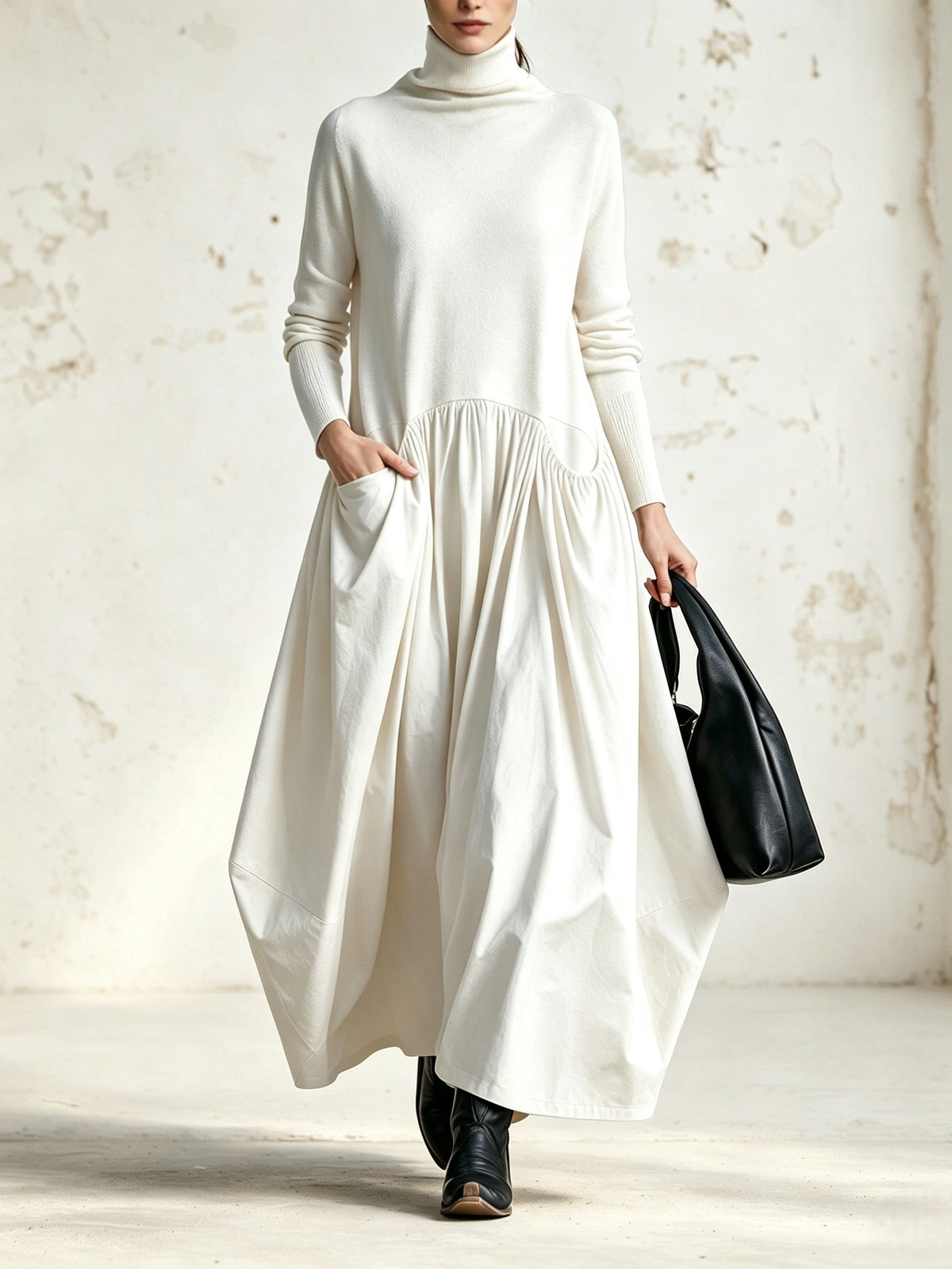Vestido maxi oversize con cuello alto y detalle de bolsillo