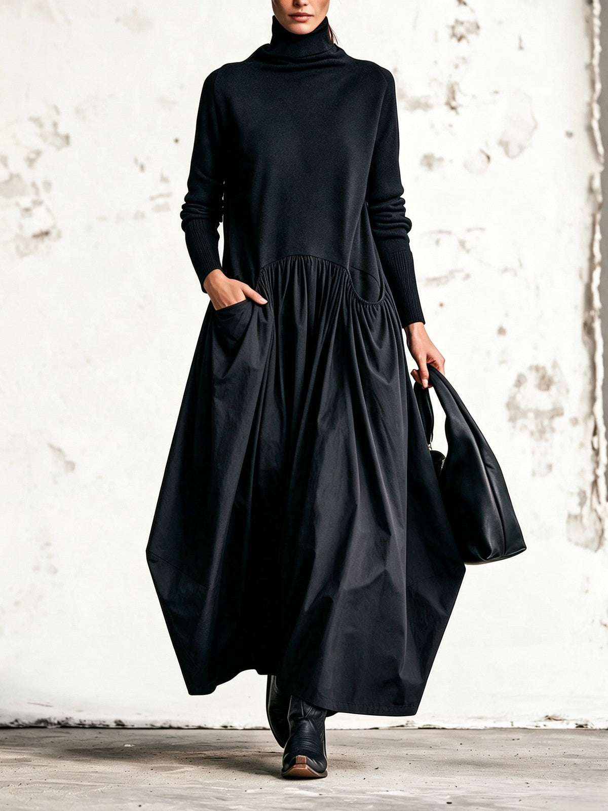 Vestido maxi oversize con cuello alto y detalle de bolsillo