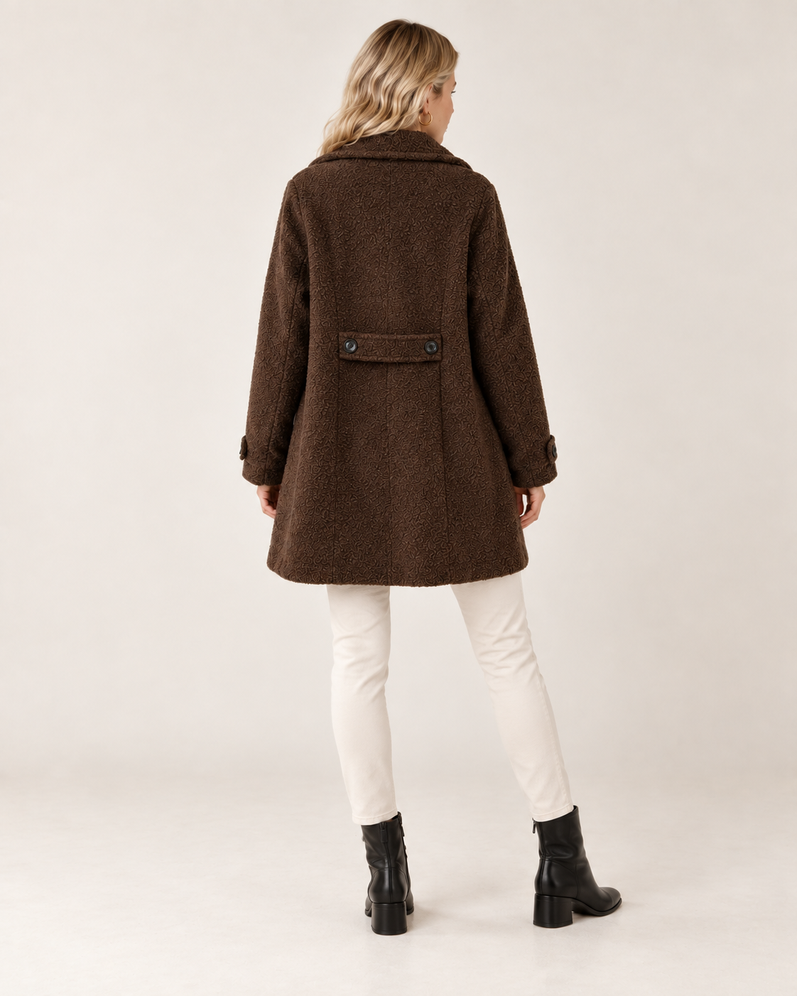 Alder Luxe Coat in chocolate, back view