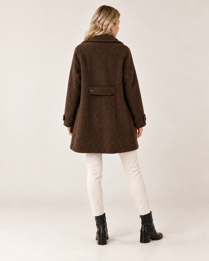 Alder Luxe Coat in chocolate, back view