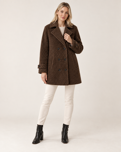 Alder Luxe Coat in chocolate, front view