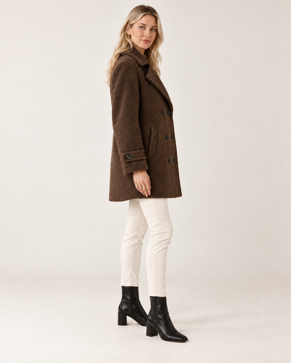 Alder Luxe Coat in chocolate, right side view