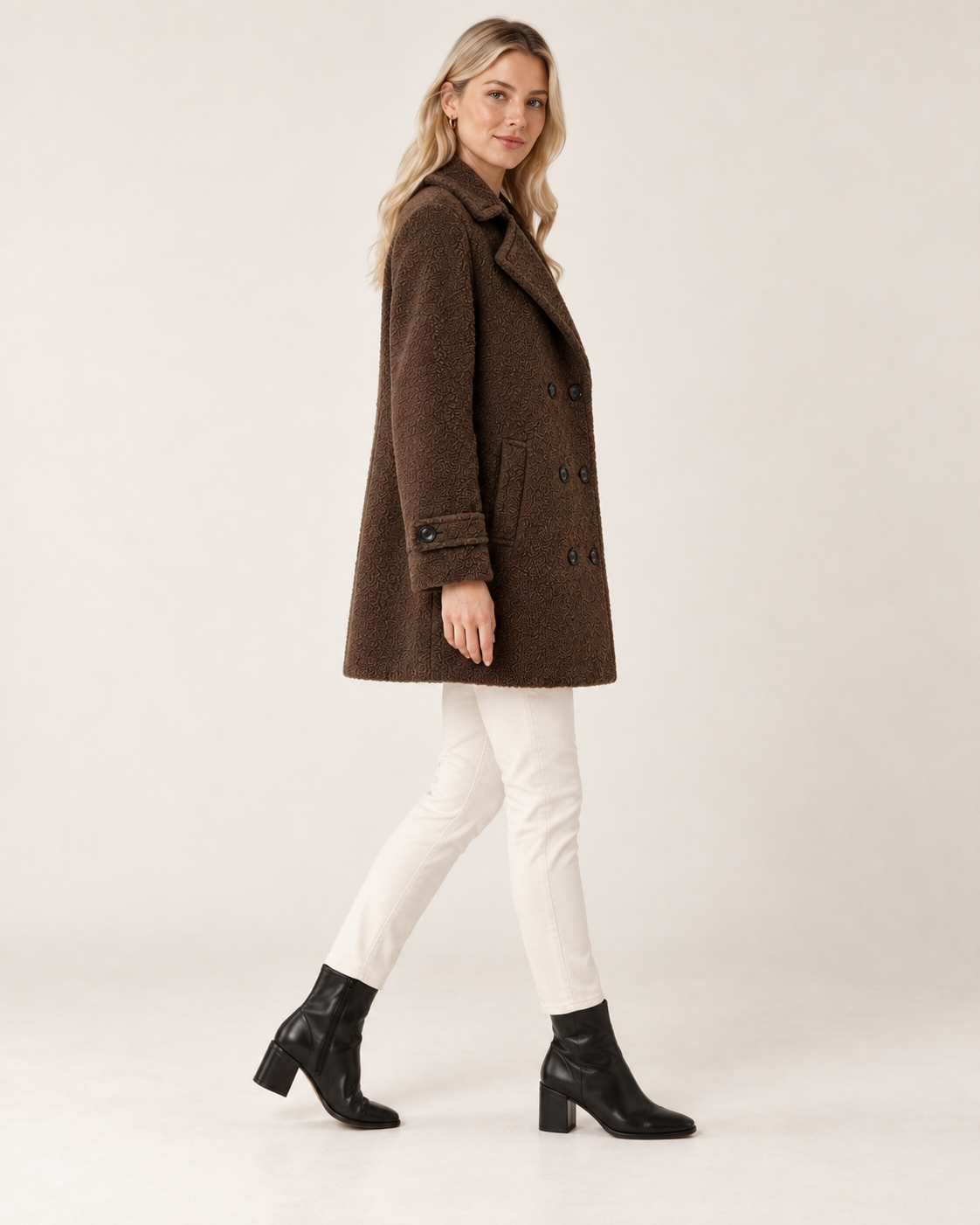 Alder Luxe Coat in chocolate, left side view