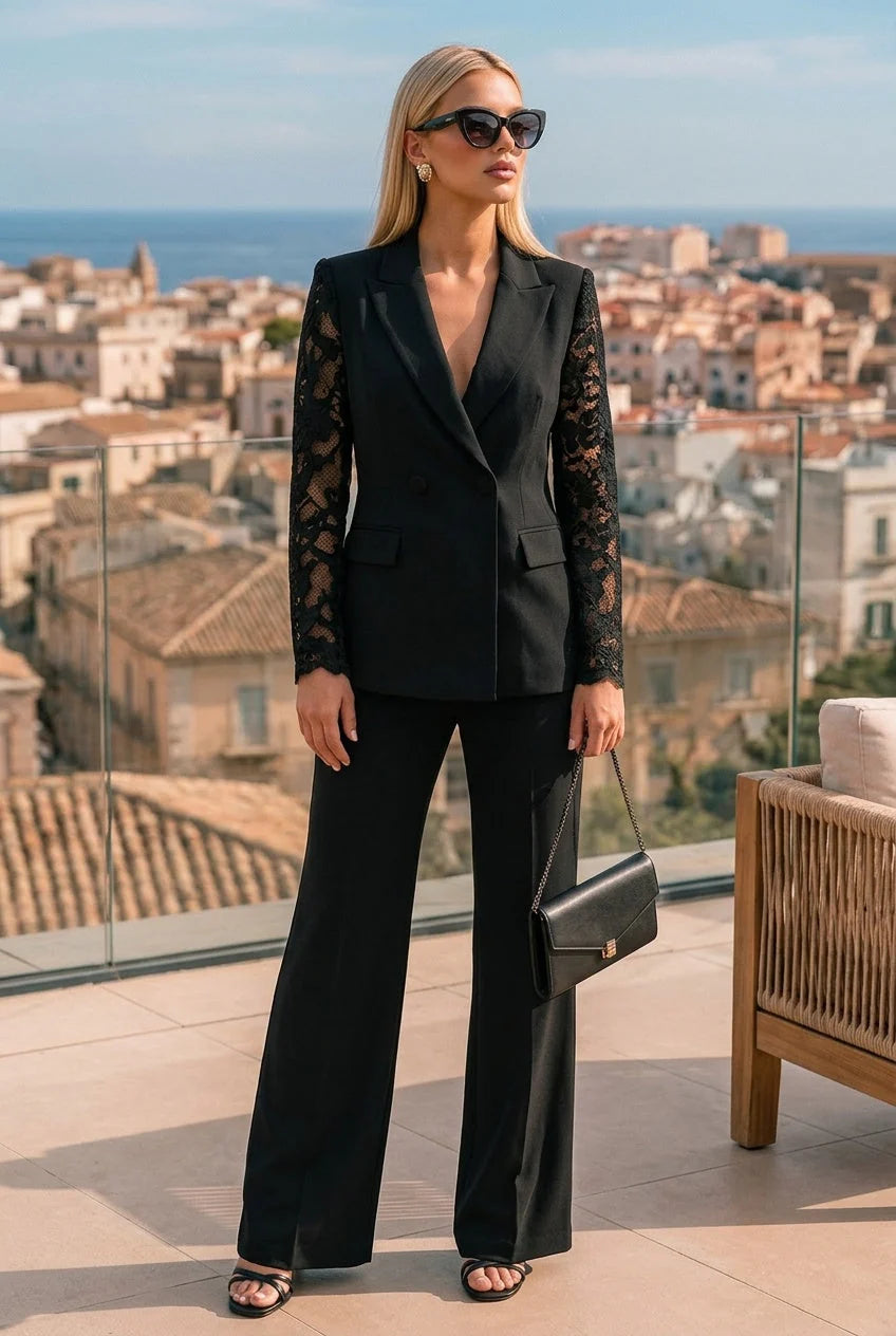 The Ashbourne Lace-Sleeve Trouser Suit in Black