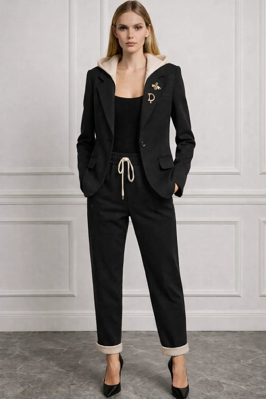 The Beaumont Hooded Trouser Suit in Black