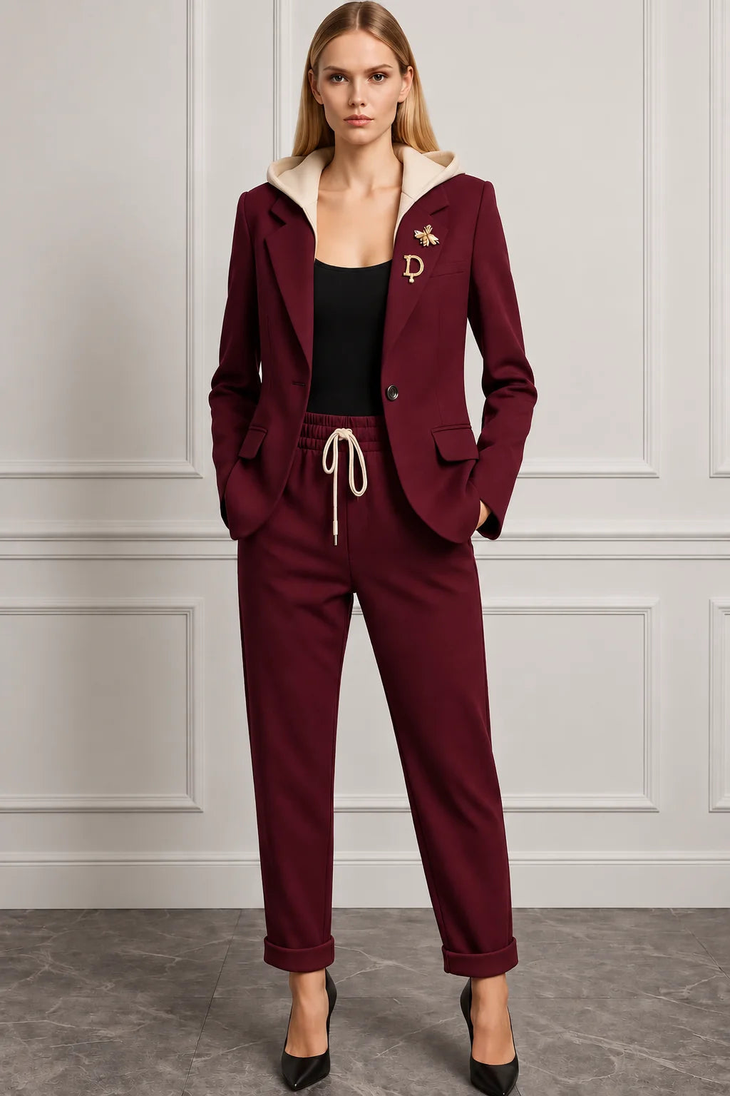 The Beaumont Hooded Trouser Suit in Burgundy