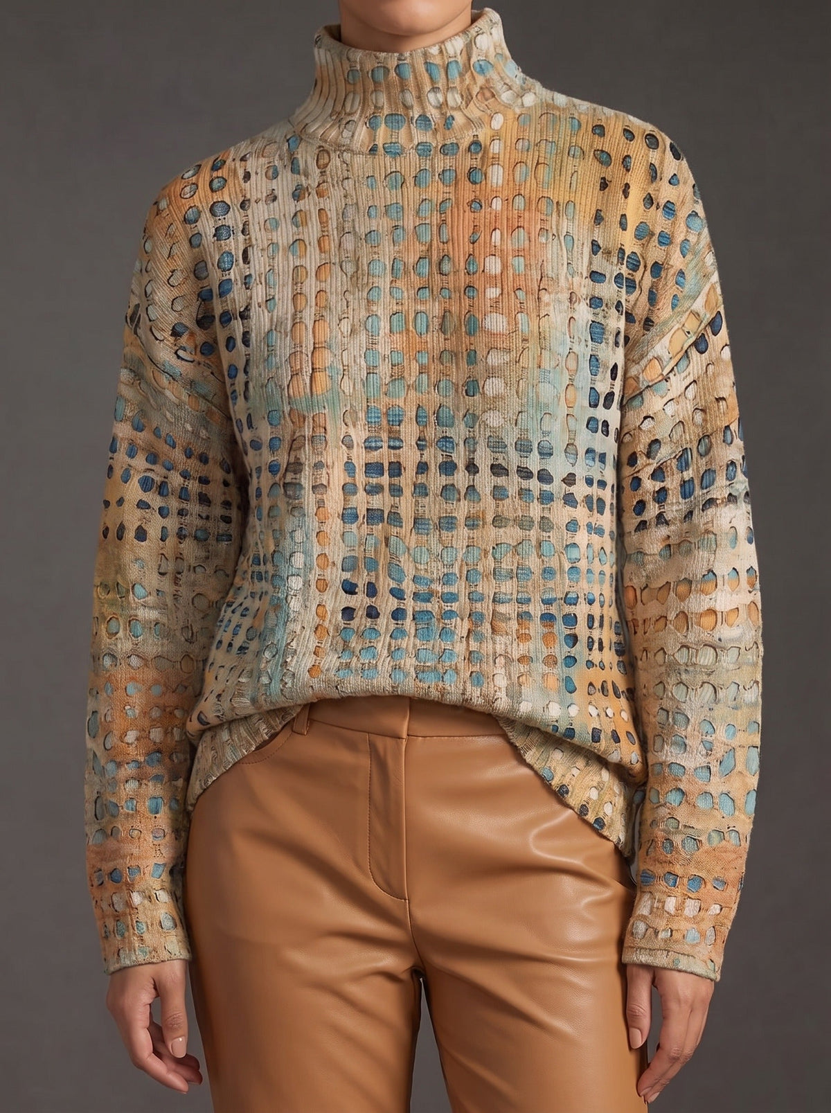 Sand and ochre grid turtleneck with blue and rust flecks