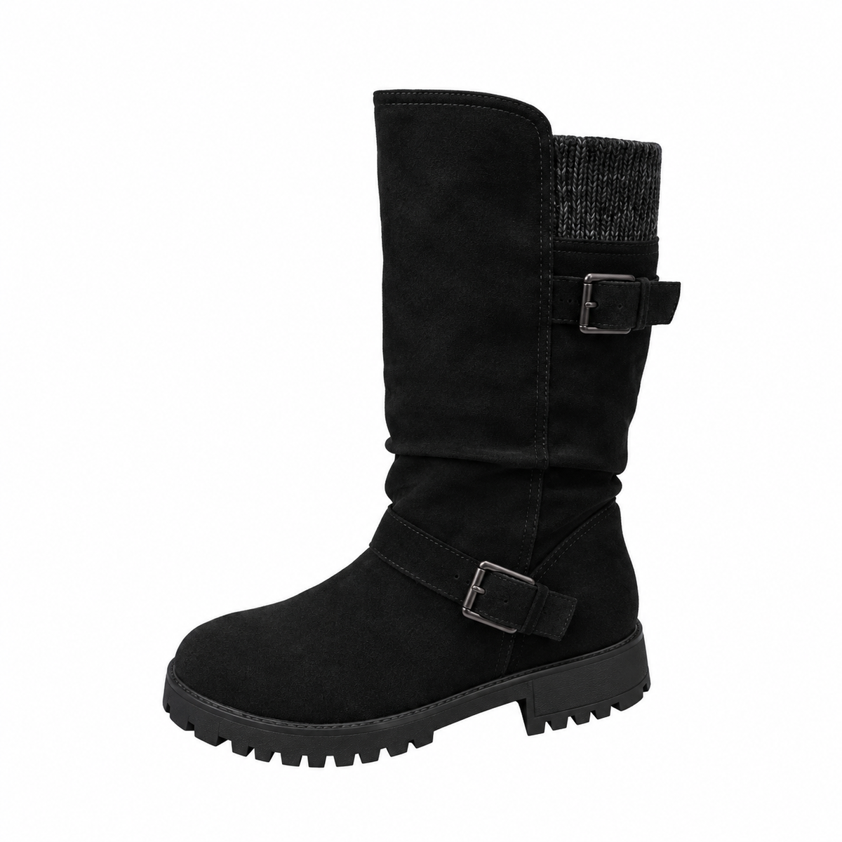 Hartley Buckle Boots in Black — mid-calf boot with knitted cuff, double buckle straps and treaded sole