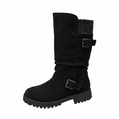 Hartley Buckle Boots in Black — mid-calf boot with knitted cuff, double buckle straps and treaded sole