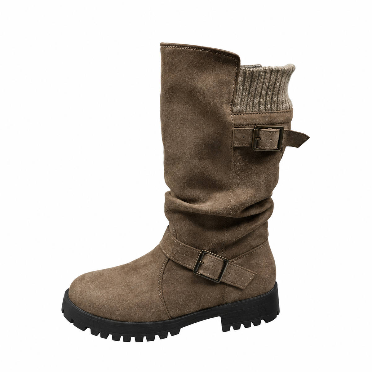 Hartley Buckle Boots in Brown — mid-calf boot with knitted cuff, double buckle straps and treaded sole
