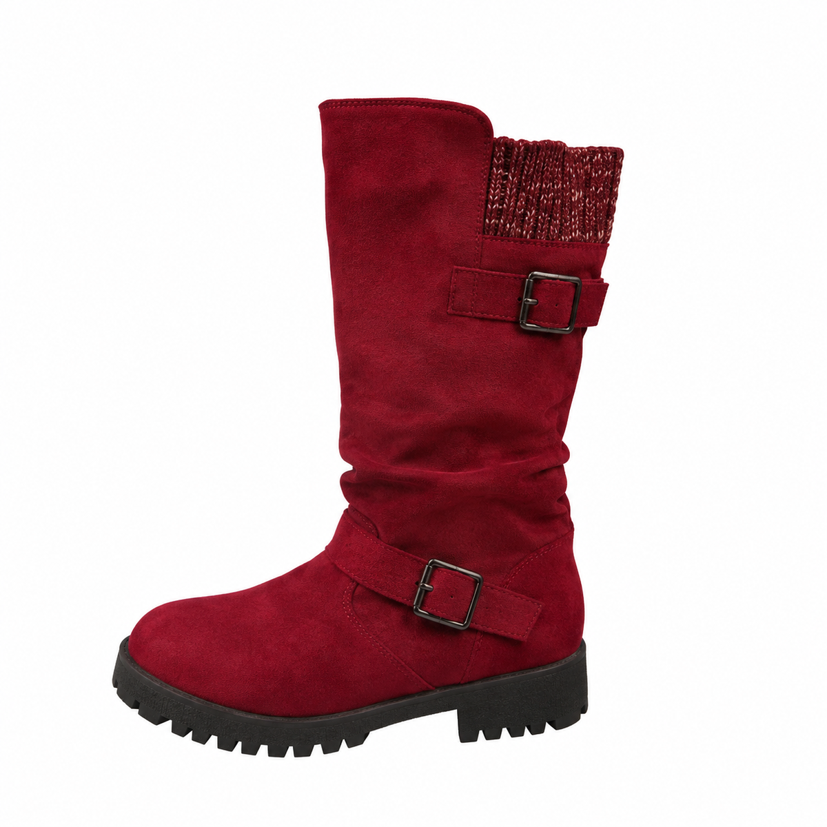 Hartley Buckle Boots in Burgundy — mid-calf boot with knitted cuff, double buckle straps and treaded sole