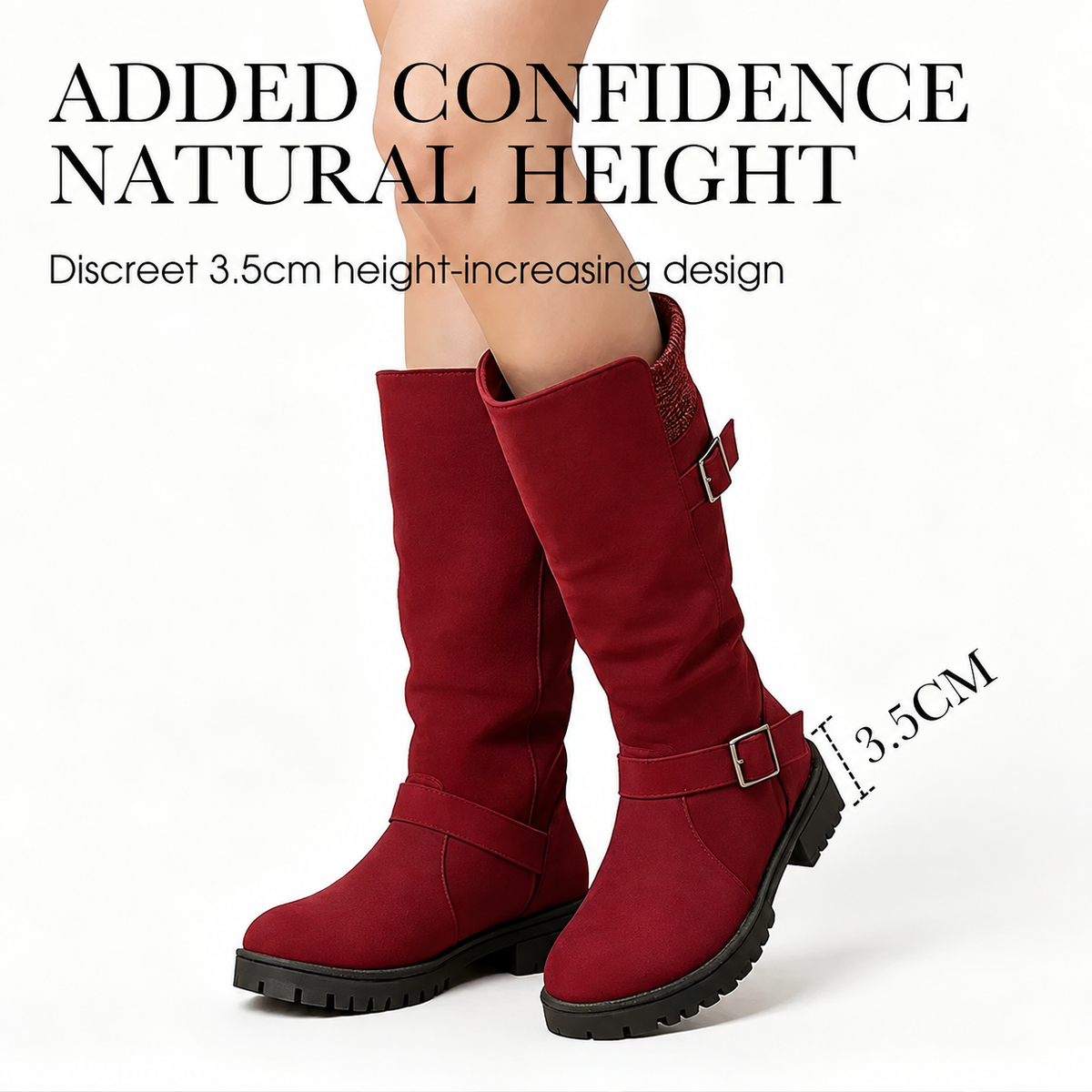 Hartley Buckle Boots in Burgundy — close-up of the 3.5 cm block heel and treaded sole