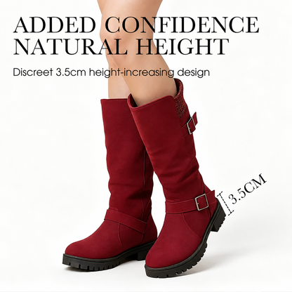 Hartley Buckle Boots in Burgundy — close-up of the 3.5 cm block heel and treaded sole