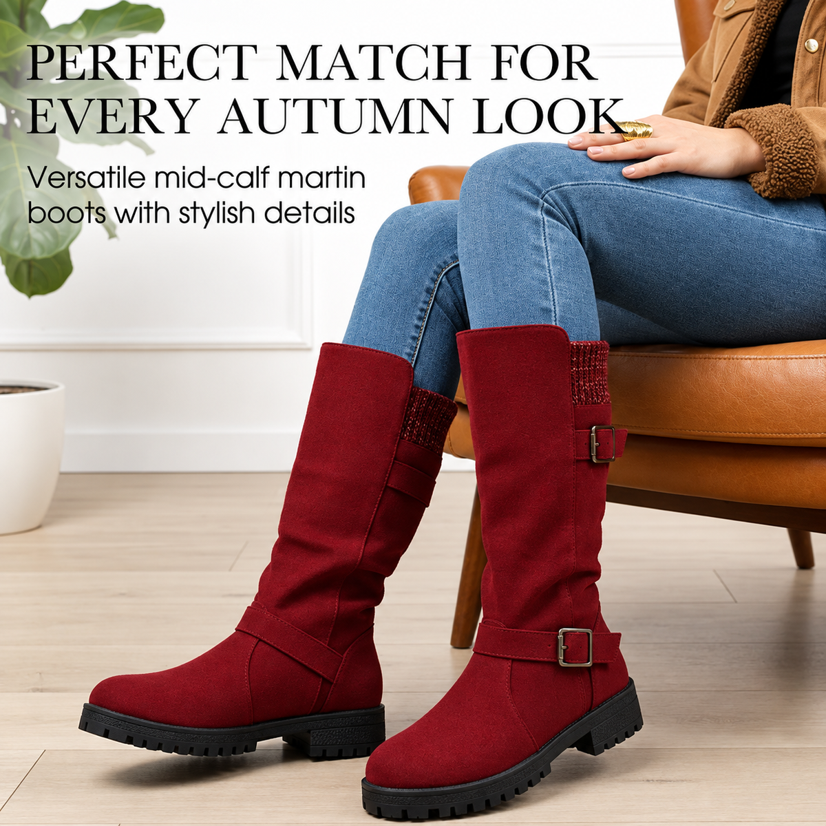 Hartley Buckle Boots in Burgundy — worn with jeans, mid-calf boot with knitted cuff and buckle straps