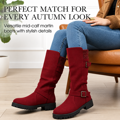 Hartley Buckle Boots in Burgundy — worn with jeans, mid-calf boot with knitted cuff and buckle straps