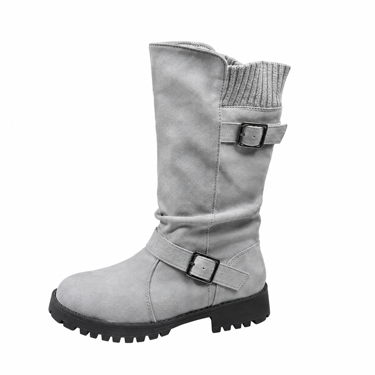 Hartley Buckle Boots in Grey — mid-calf boot with knitted cuff, double buckle straps and treaded sole