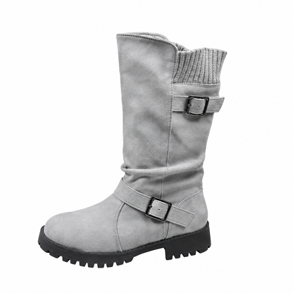 Hartley Buckle Boots in Grey — mid-calf boot with knitted cuff, double buckle straps and treaded sole