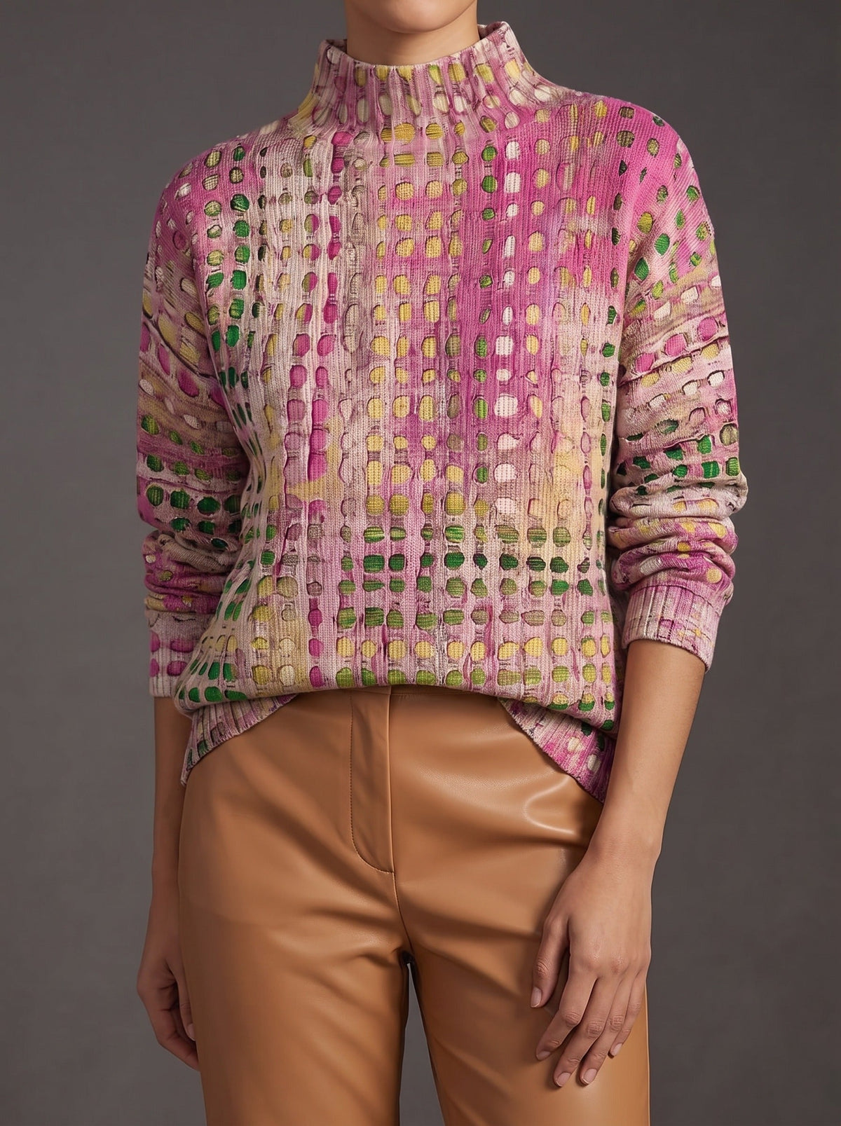 Orchid pink dot lattice turtleneck with green and yellow flecks
