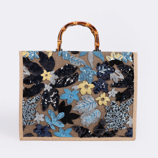 MIDNIGHTBLOOM | BLUE FLORAL SEQUIN BAMBOO HANDLE TOTE BAG