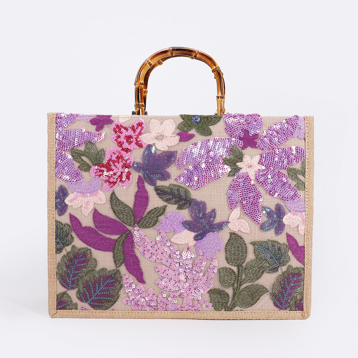 LILACGARDEN | PURPLE FLORAL SEQUIN BAMBOO HANDLE TOTE BAG