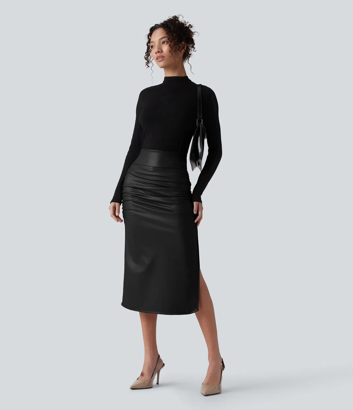 Elysee Luxe Ruched Midi Skirt in Black, full outfit view