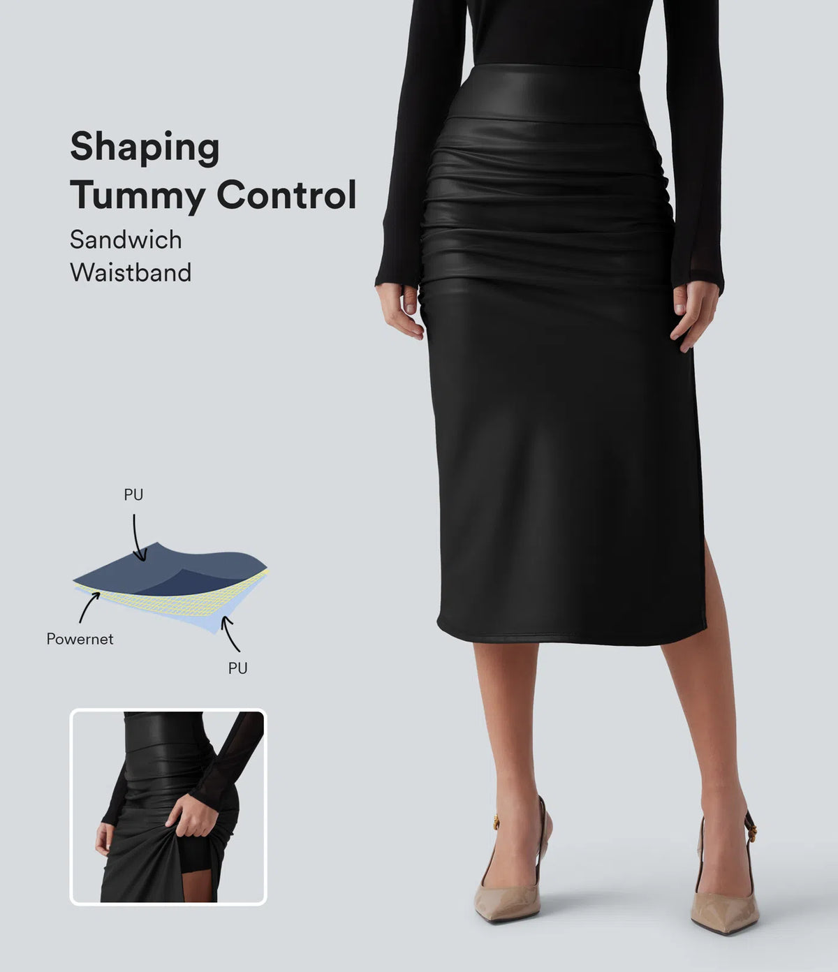 Elysee Luxe Ruched Midi Skirt in Black, product view 6